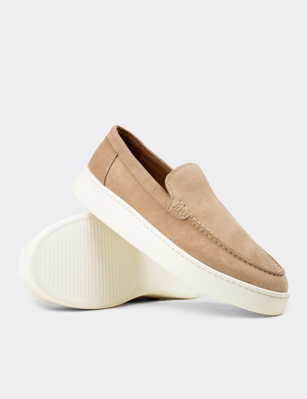 Men's Beige Suede Leather Loafers - 04405MBEJE01