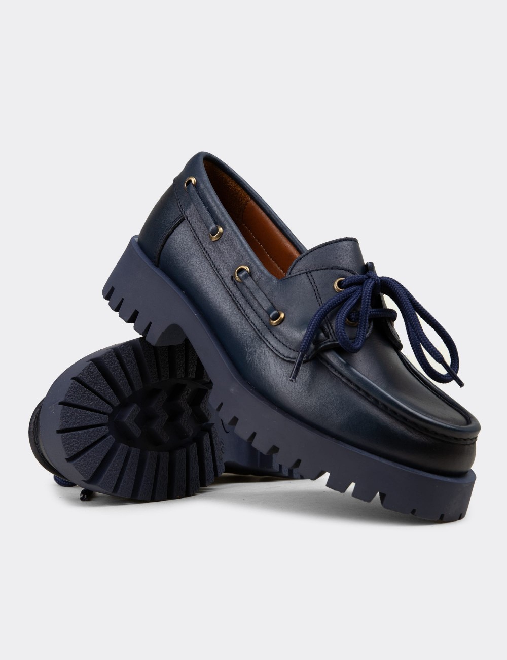Women's Navy Leather Loafers - 02036ZLCVC02