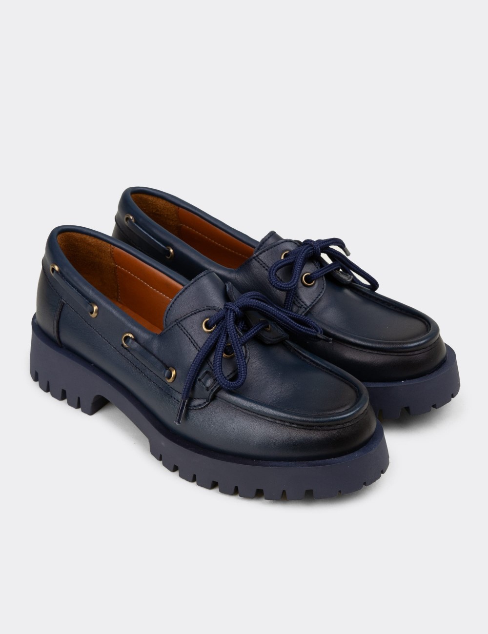 Women's Navy Leather Loafers - 02036ZLCVC02