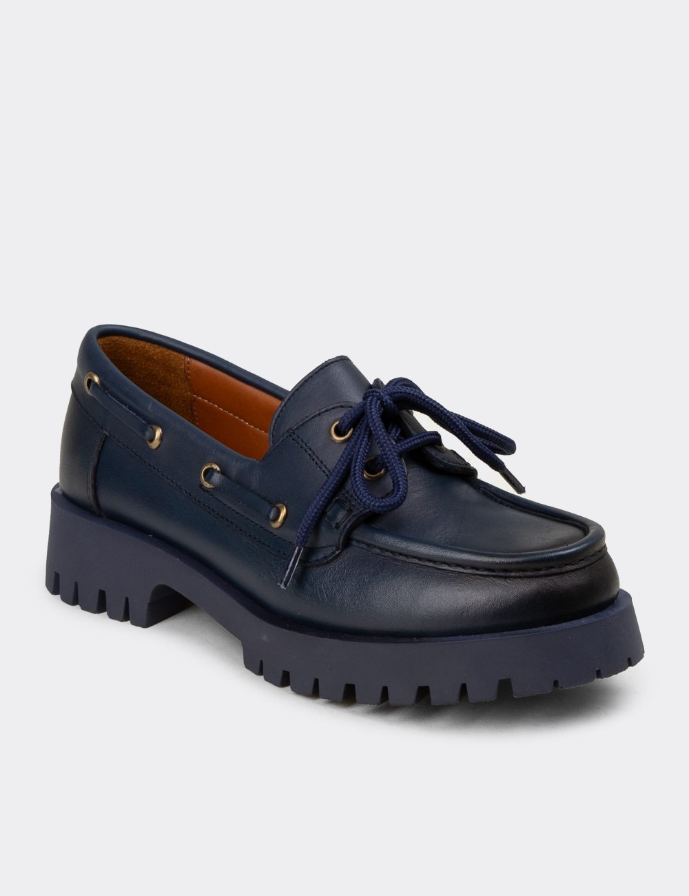 Women's Navy Leather Loafers - 02036ZLCVC02