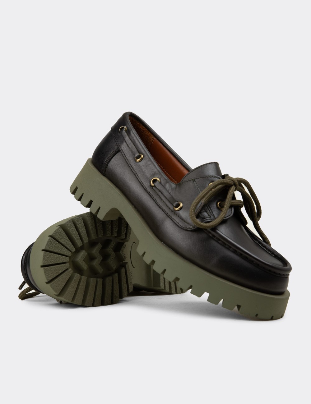 Women's Green Leather Nautical Loafer - 02036ZYSLC02