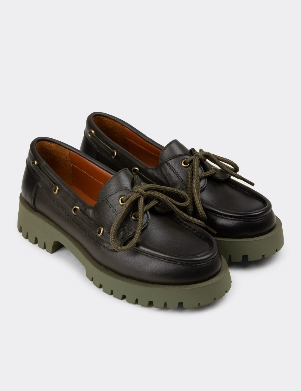Women's Green Leather Nautical Loafer - 02036ZYSLC02