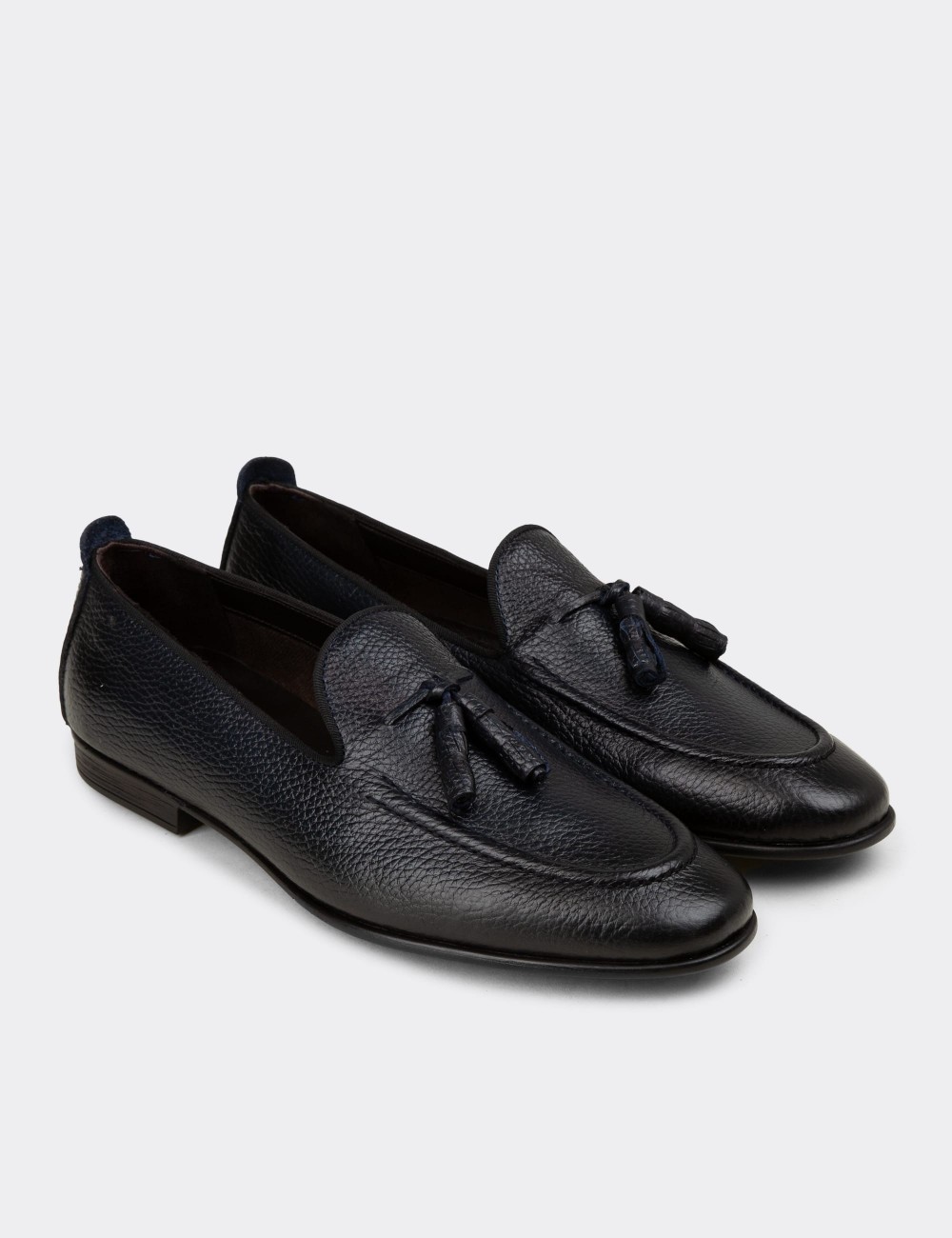 Men's Navy Leather Tassel Loafers - 01701MLCVC33