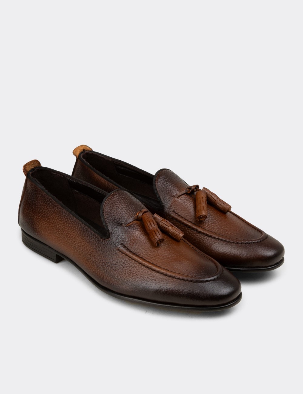 Men's Brown Leather Tassel Loafers - 01701MKHVC92