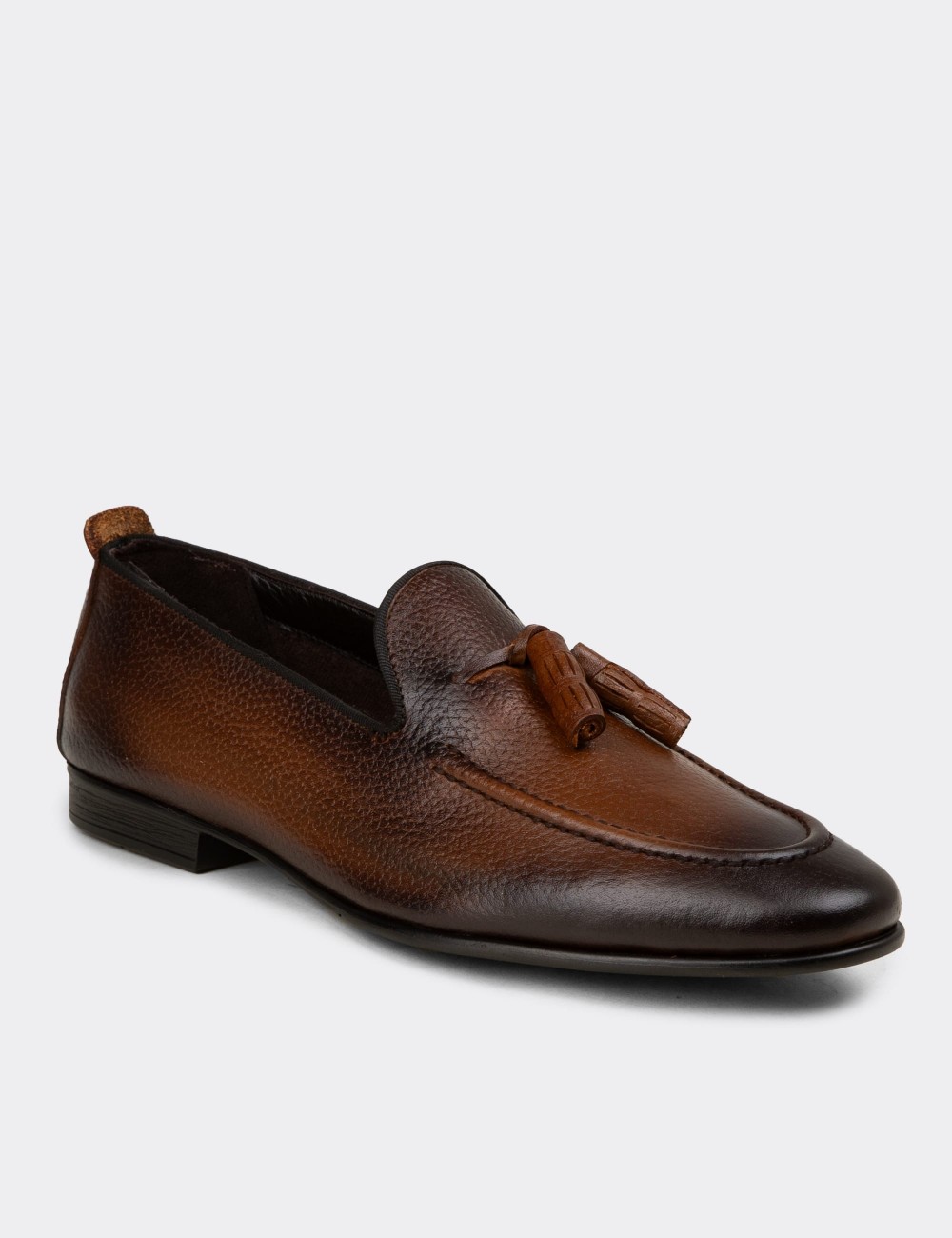 Men's Brown Leather Tassel Loafers - 01701MKHVC92