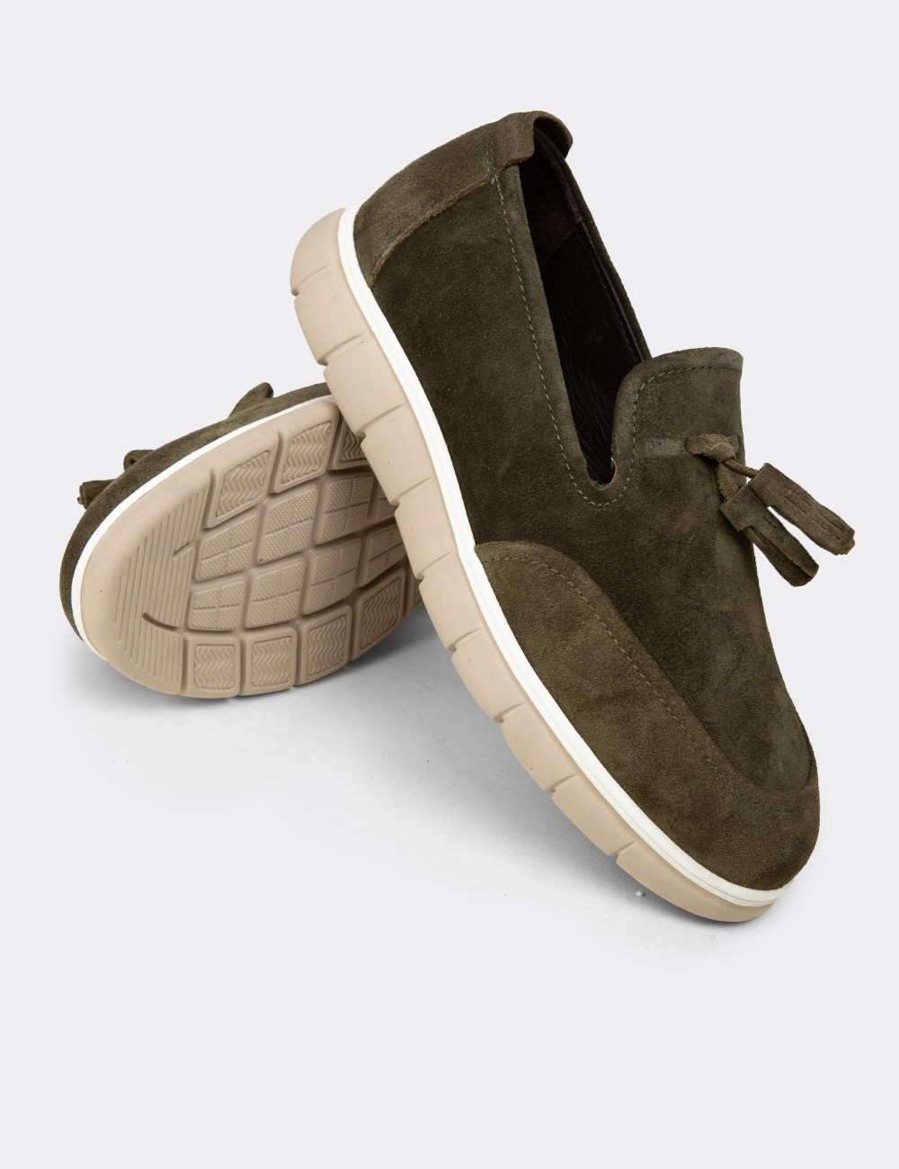 Men's Green Suede Leather Tassel Loafers - 02048MYSLE01