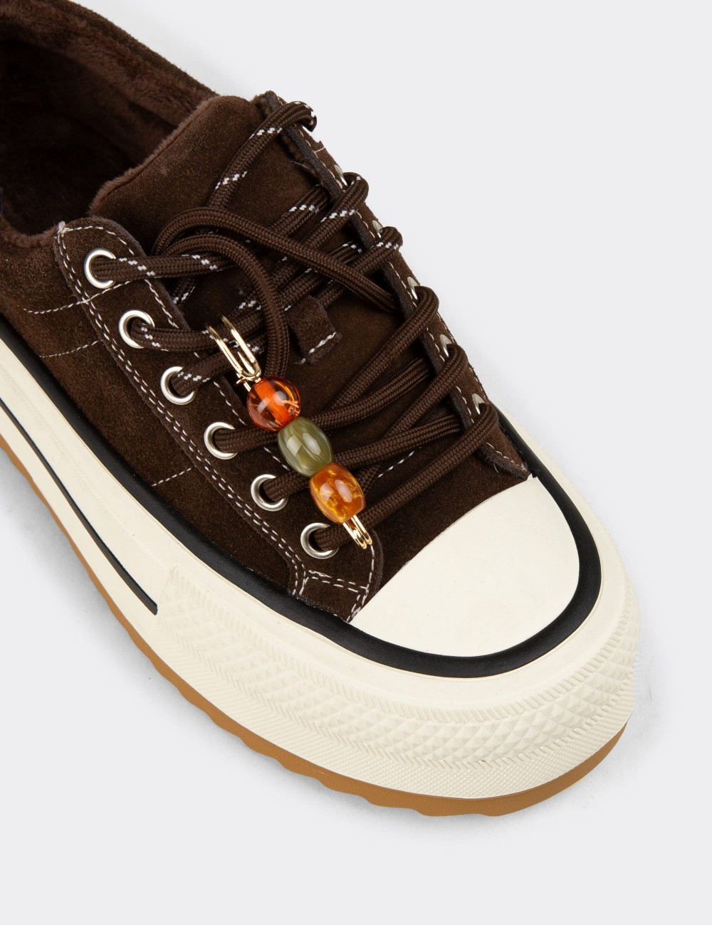 Women's Brown Suede Leather Sneakers - 26366ZKHVC01