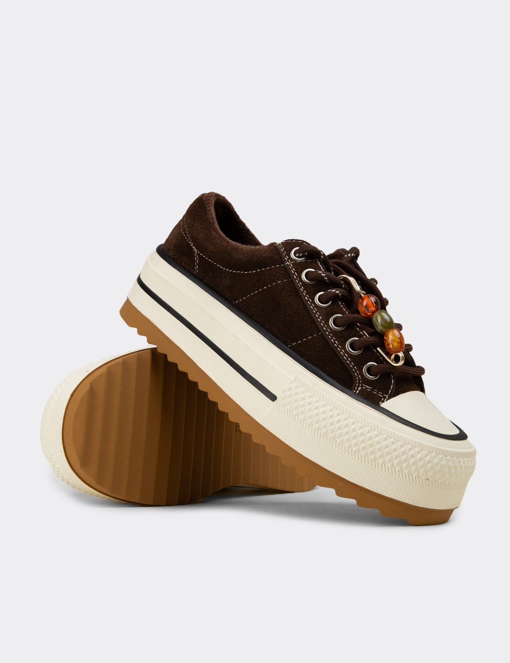 Women's Brown Suede Leather Sneakers - 26366ZKHVC01