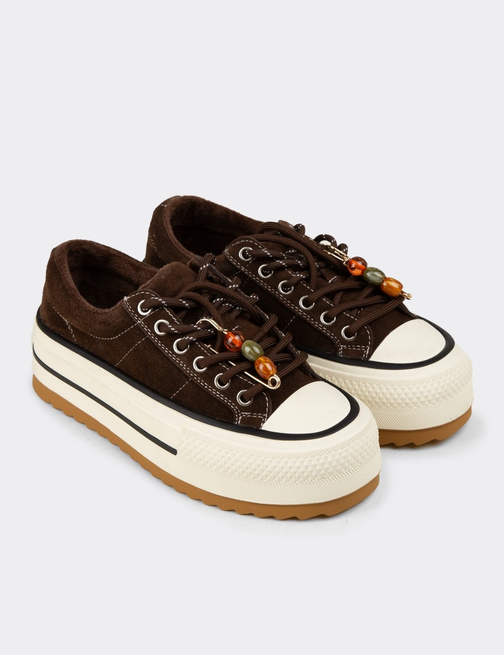 Women's Brown Suede Leather Sneakers - 26366ZKHVC01