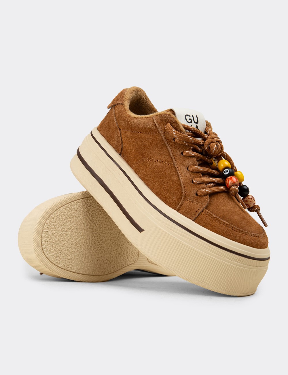 Women's Tan Suede Leather Sneakers - 26366ZTBAC01