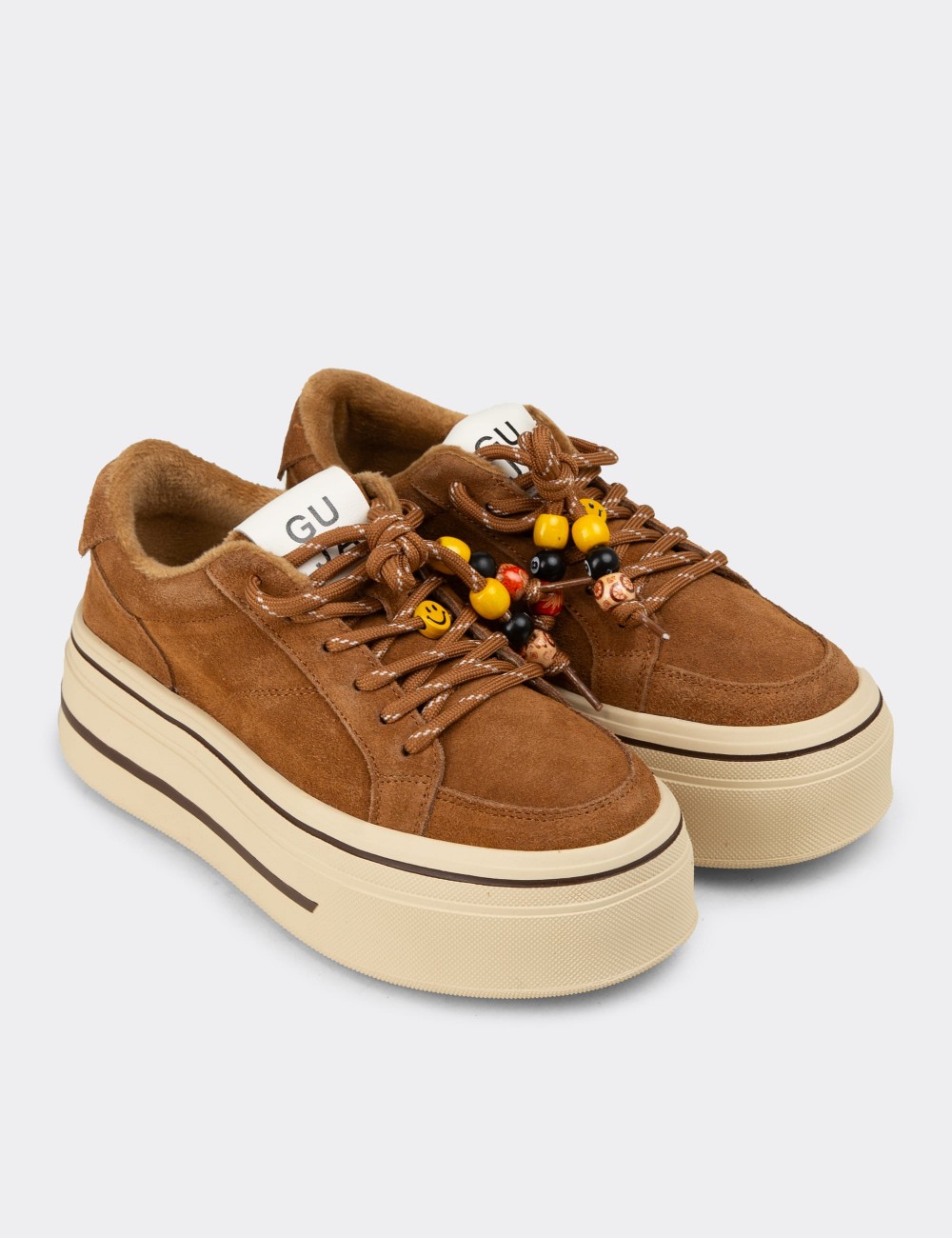 Women's Tan Suede Leather Sneakers - 26366ZTBAC01