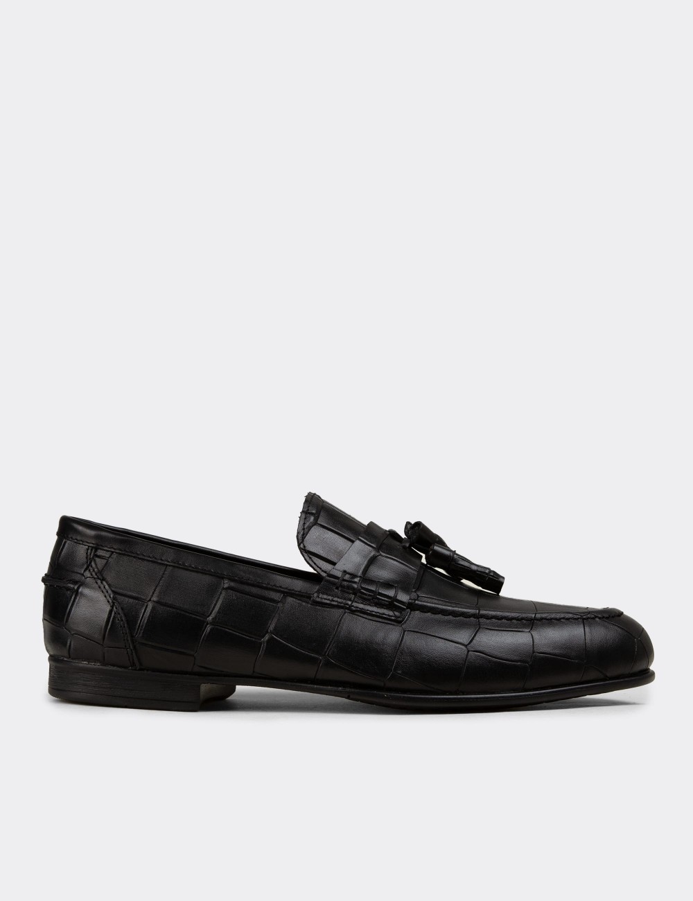 Men's Black Leather Tassel Loafers - 02050MSYHC01