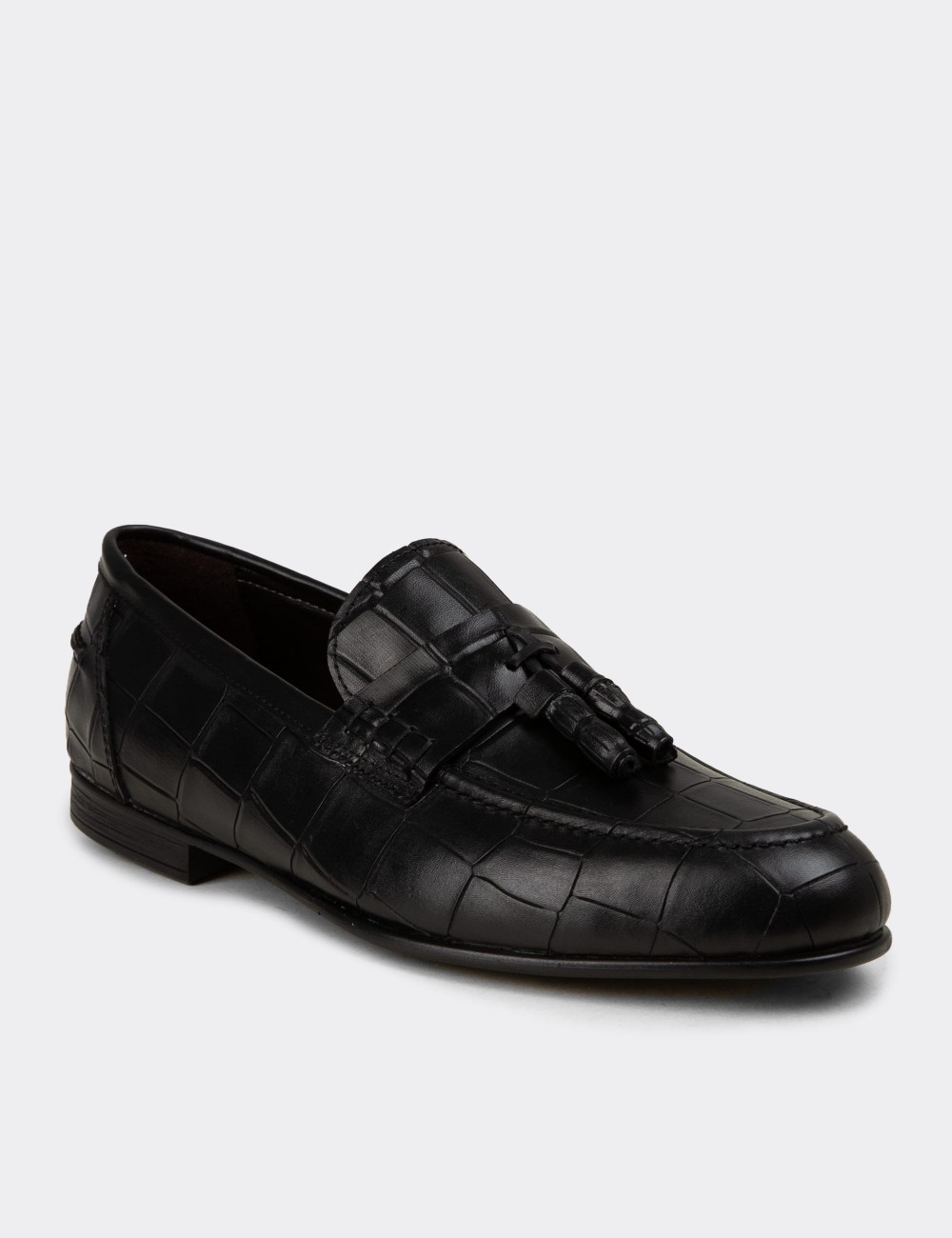 Men's Black Leather Tassel Loafers - 02050MSYHC01