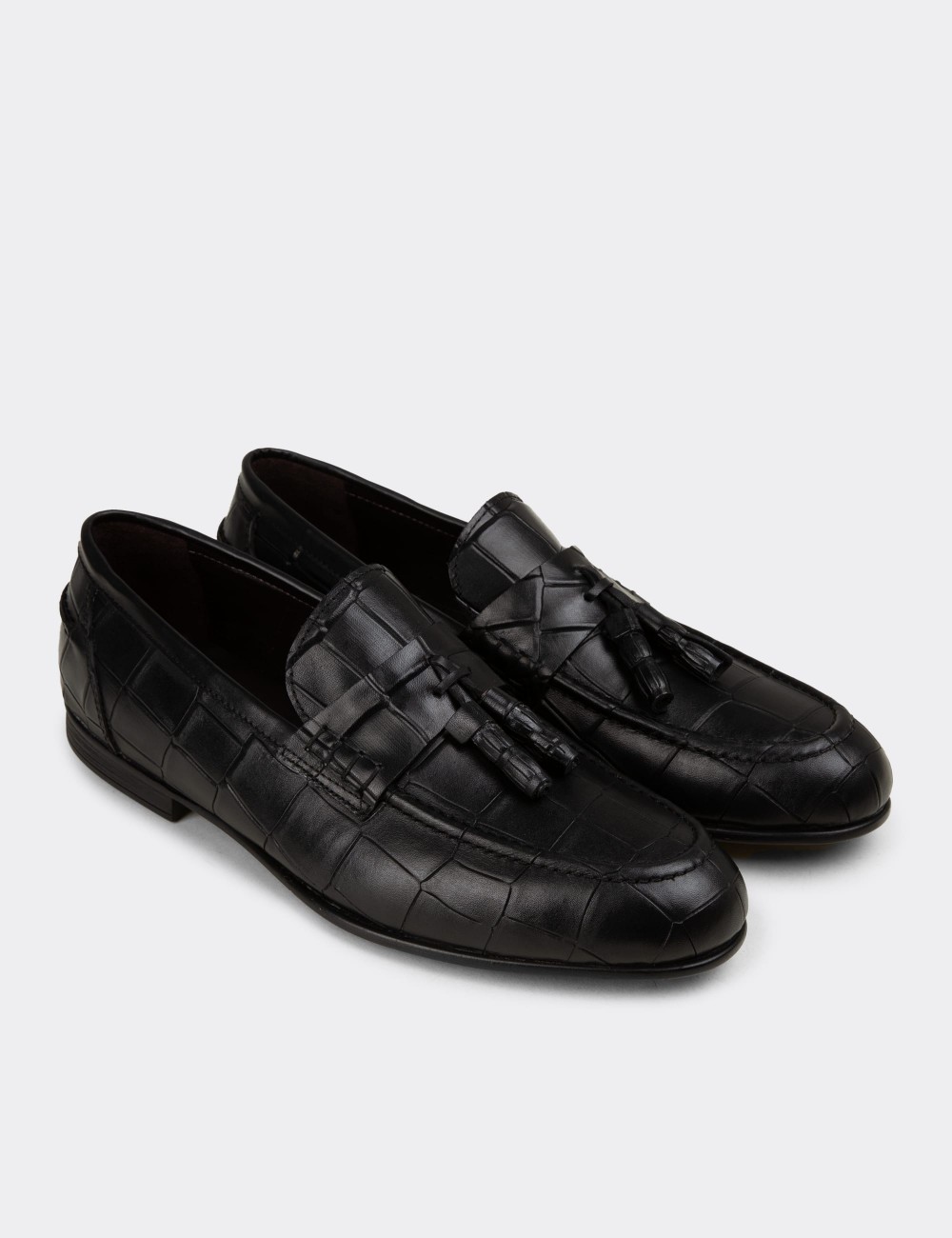 Men's Black Leather Tassel Loafers - 02050MSYHC01