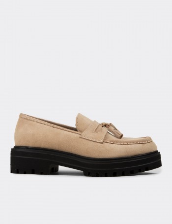 Women's Beige Suede Leather Tassel Loafers