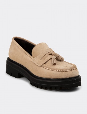 Women's Beige Suede Leather Tassel Loafers