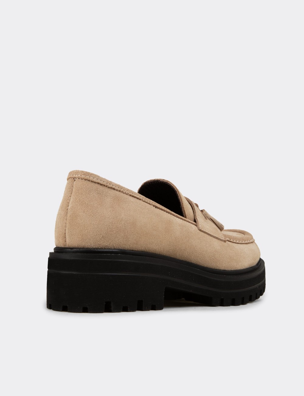 Women's Beige Suede Leather Tassel Loafers - 02020ZBEJE01