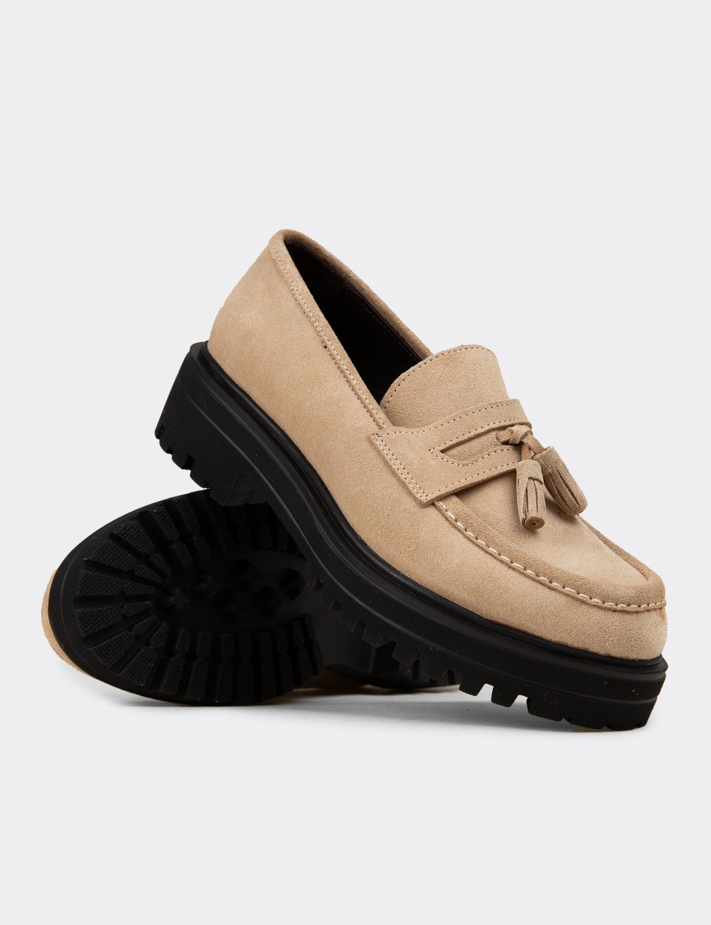 Women's Beige Suede Leather Tassel Loafers - 02020ZBEJE01