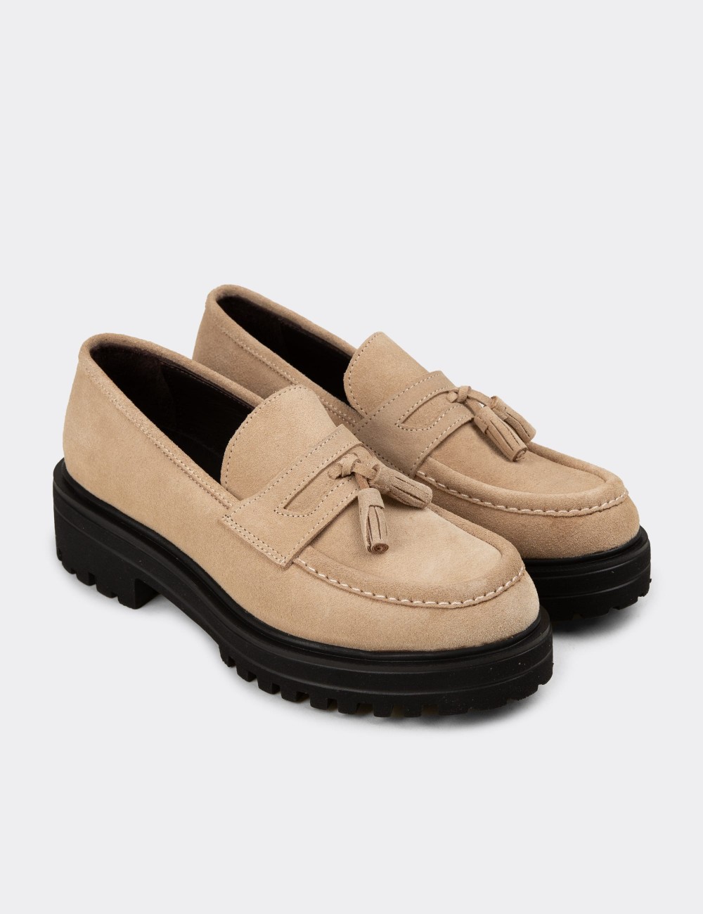 Women's Beige Suede Leather Tassel Loafers - 02020ZBEJE01