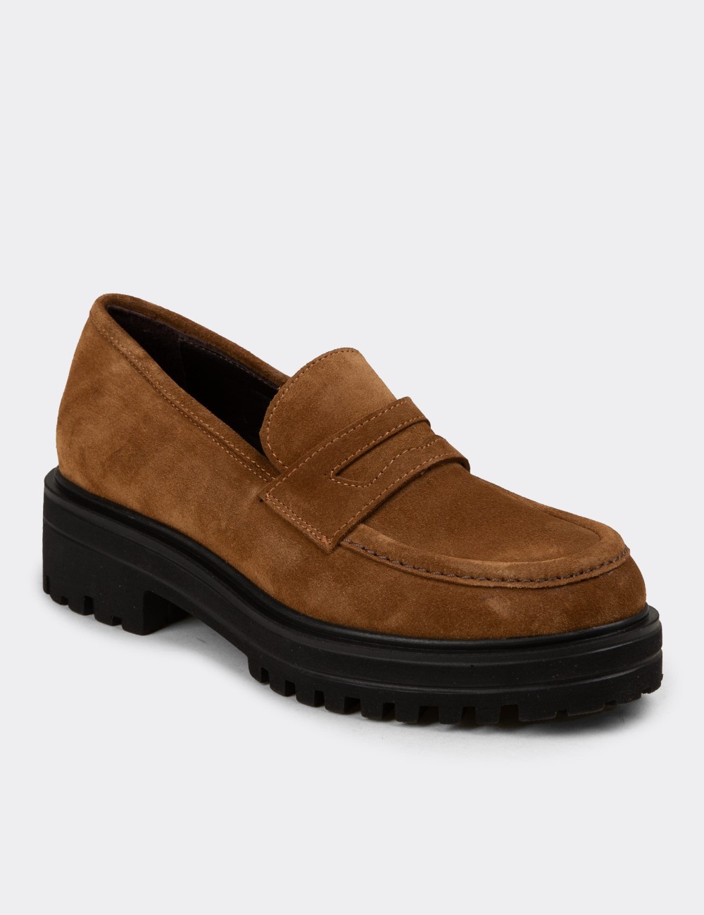 Women's Tan Suede Leather Moccasins - 01903ZTBAE01