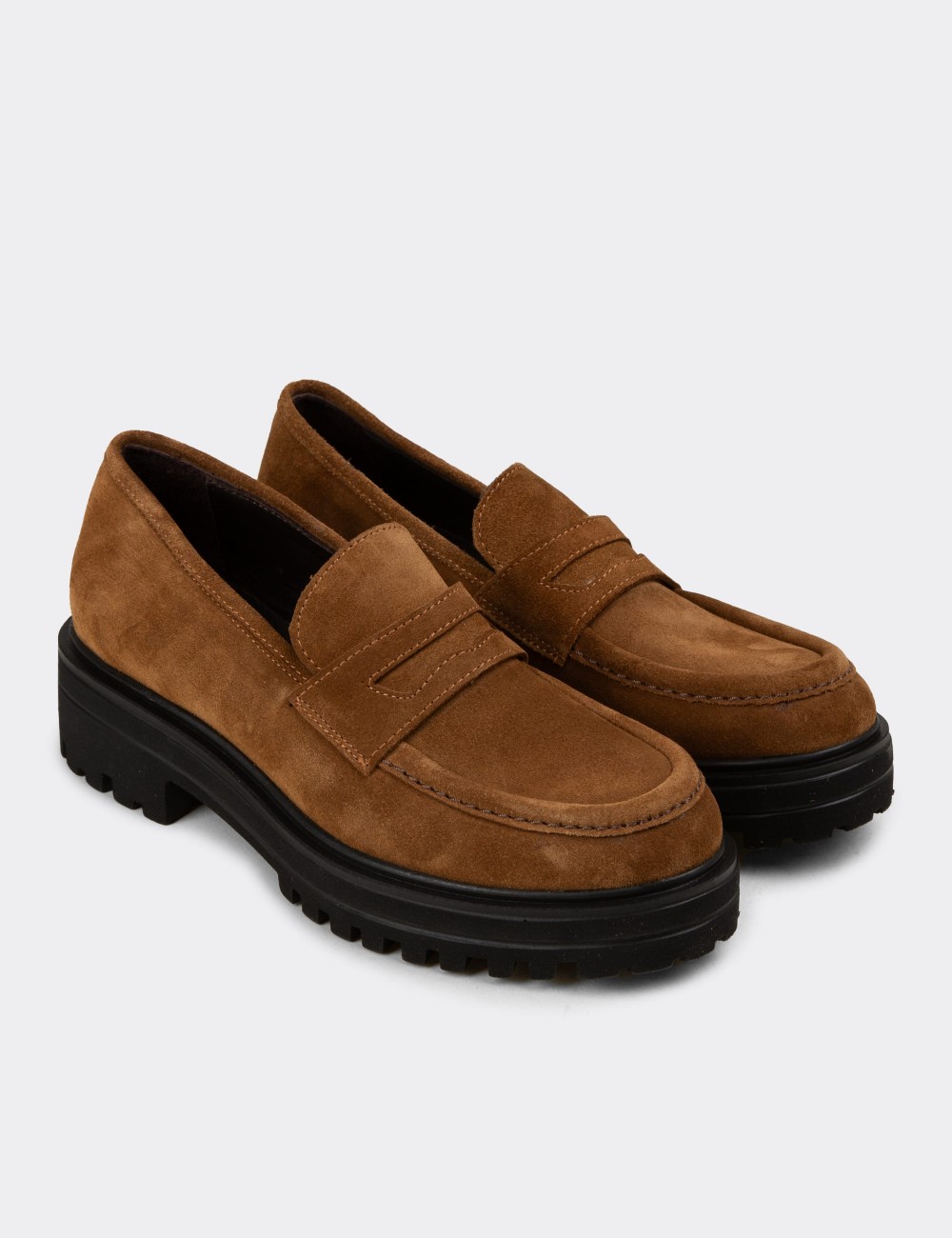 Women's Tan Suede Leather Moccasins - 01903ZTBAE01