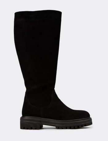 Women's Black Suede Leather Knee-high Boots