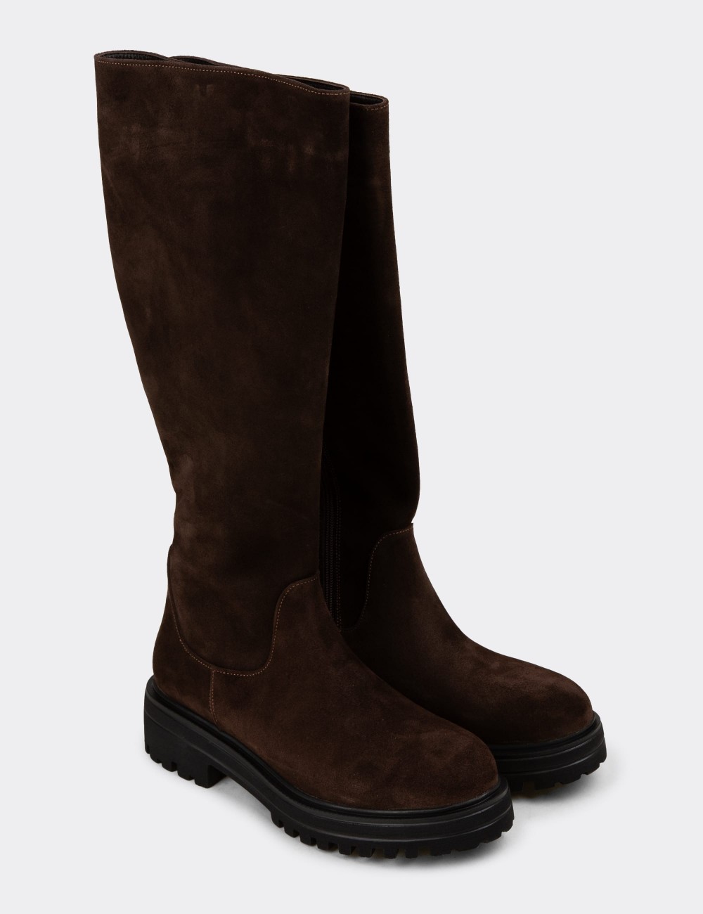 Women's Brown Suede Leather Knee-High Boot - 01807ZKHVE02