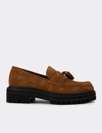 Women's Tan Suede Leather Tassel Loafers