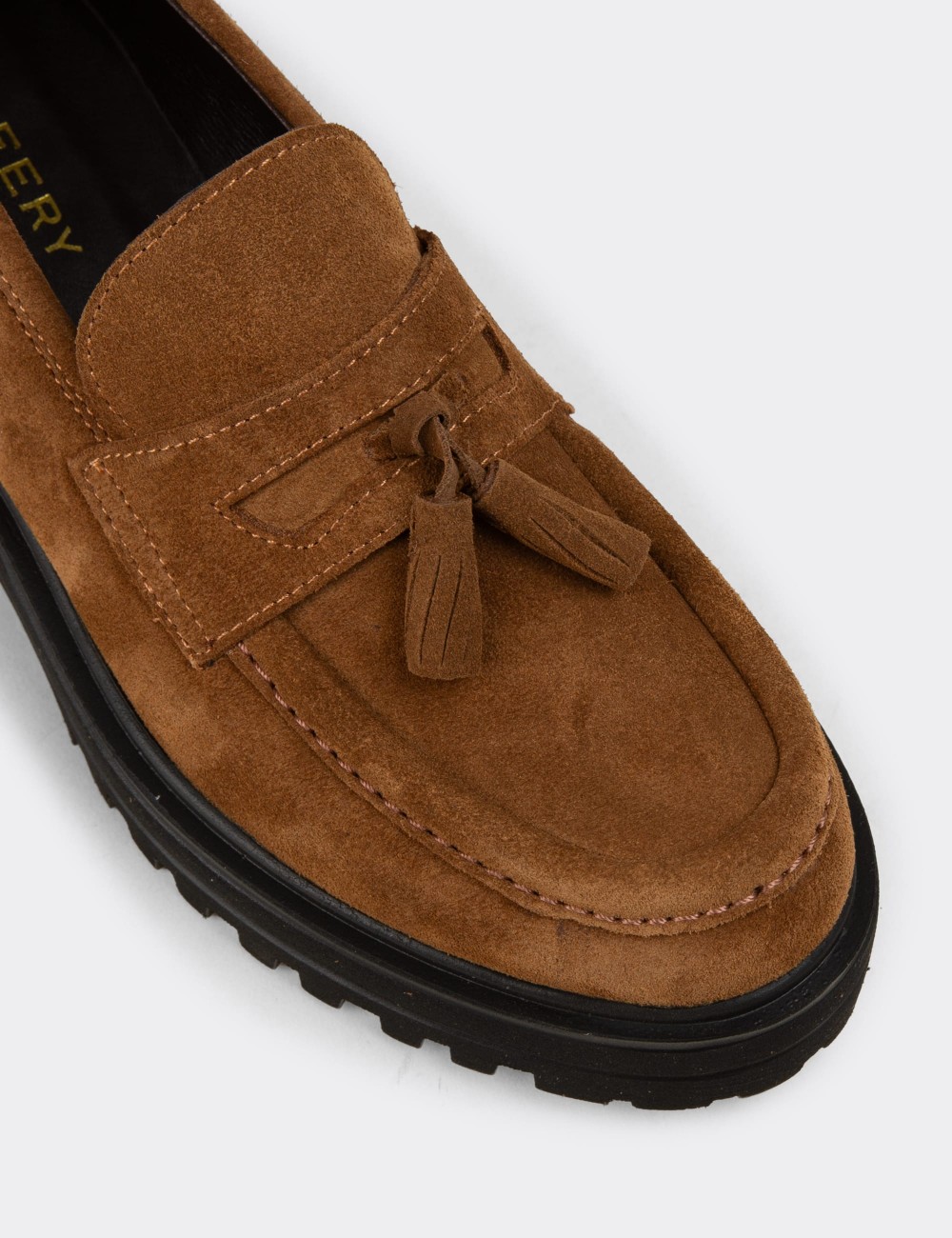 Women's Tan Suede Leather Tassel Loafers - 02020ZTBAE01