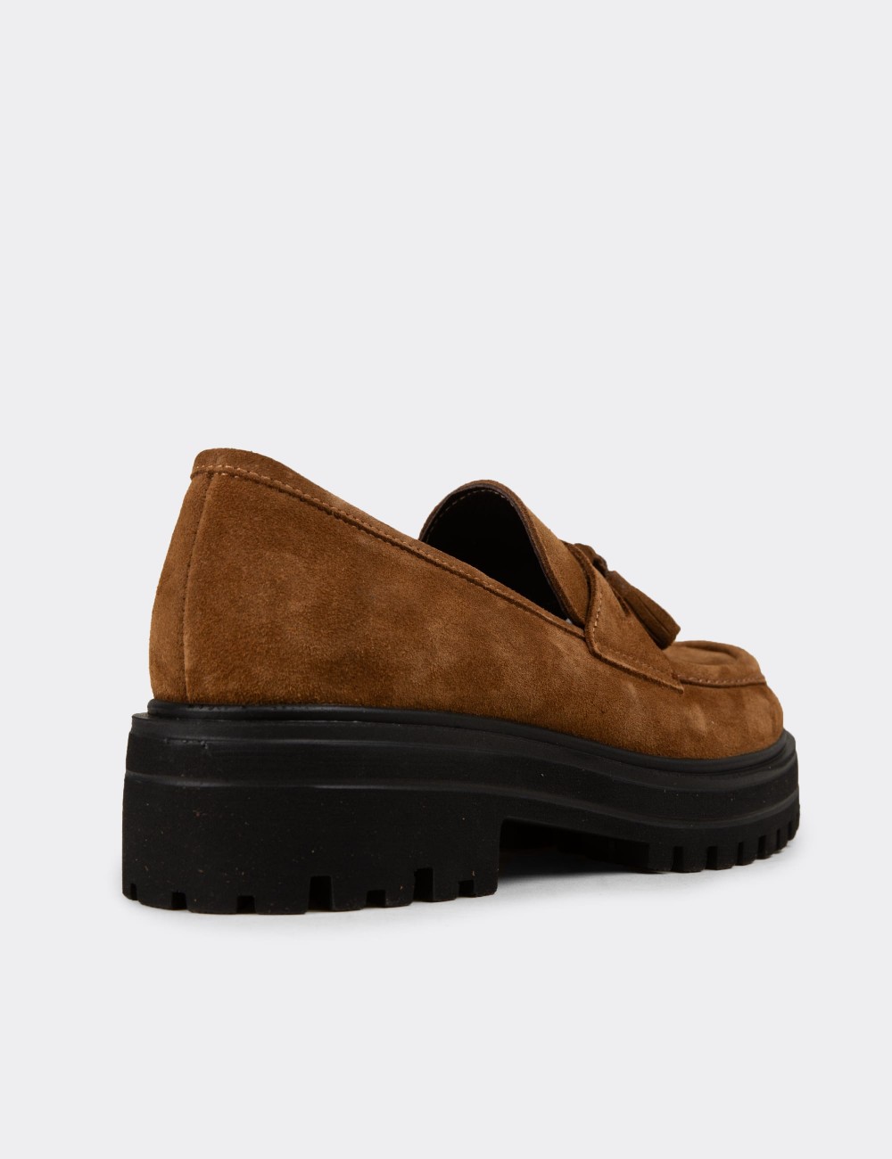 Women's Tan Suede Leather Tassel Loafers - 02020ZTBAE01