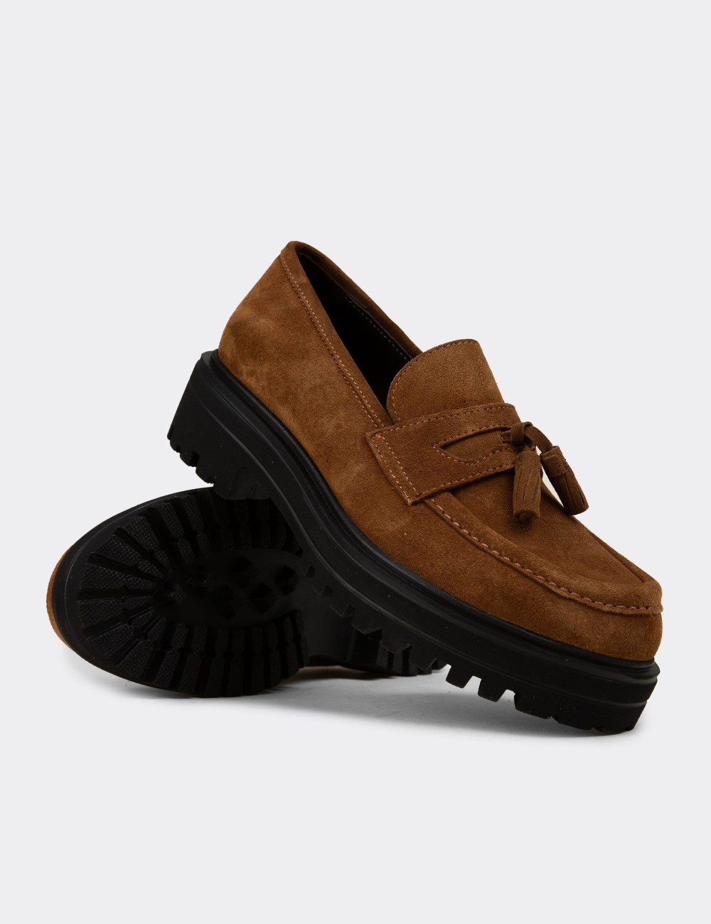 Women's Tan Suede Leather Tassel Loafers - 02020ZTBAE01