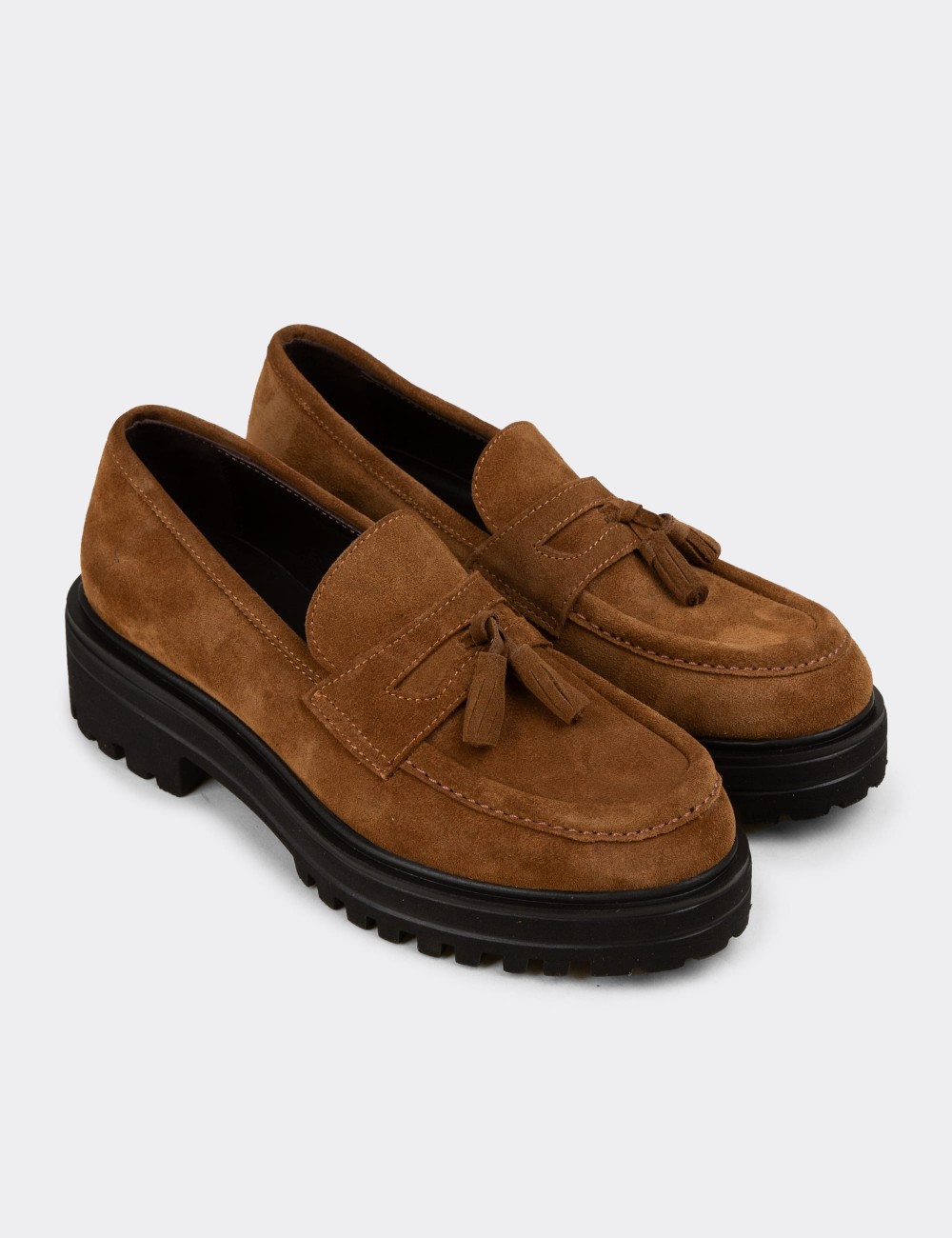 Women's Tan Suede Leather Tassel Loafers - 02020ZTBAE01