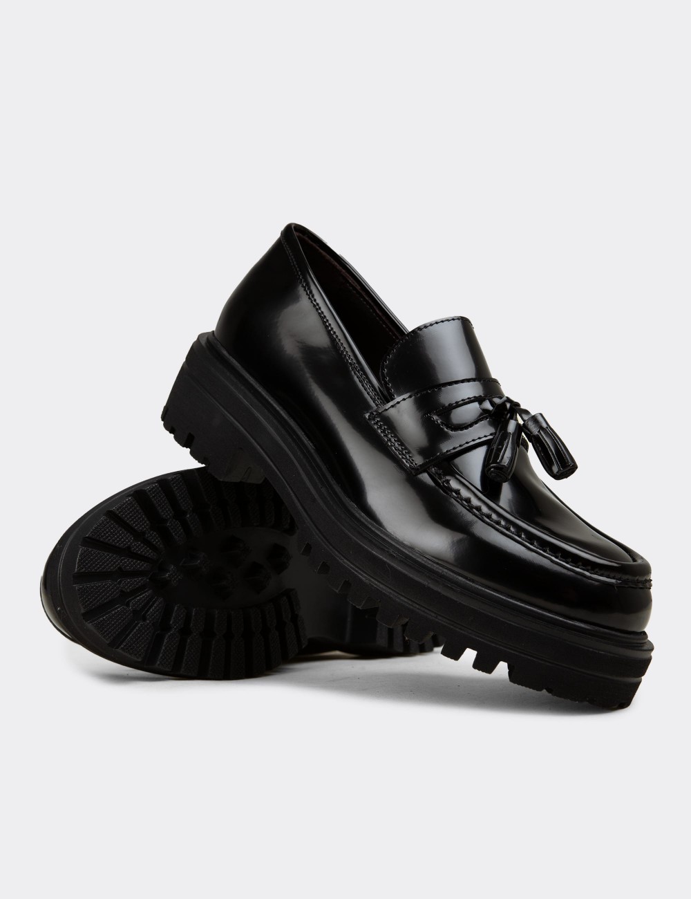 Women's Black Leather Loafers - 02020ZSYHE05