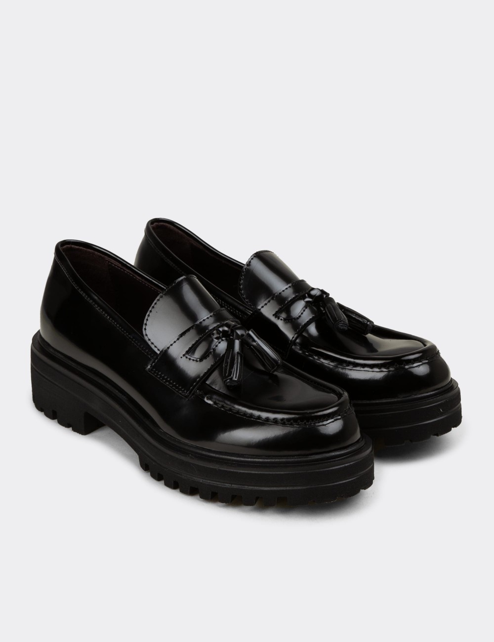 Women's Black Leather Loafers - 02020ZSYHE05