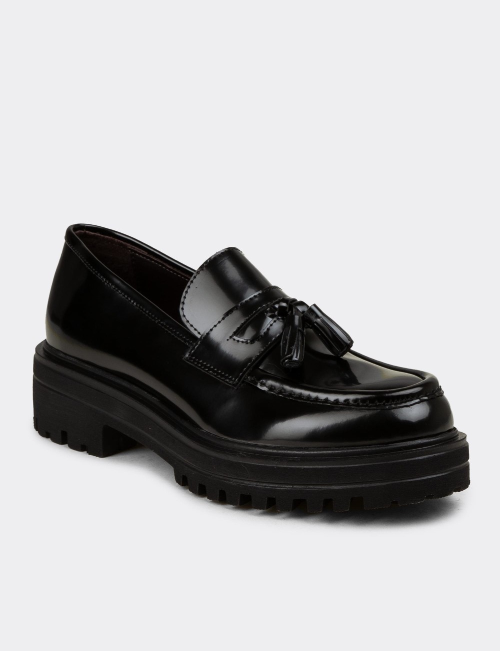 Women's Black Leather Loafers - 02020ZSYHE05