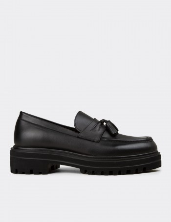 Women's Black Leather Loafers with Tassels