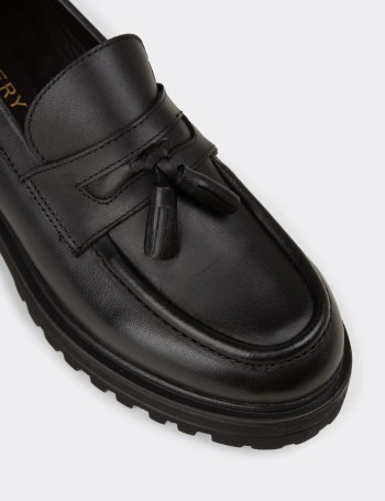 Women's Black Leather Loafers with Tassels