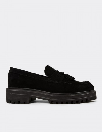 Women's Black Suede Leather Tassel Loafers