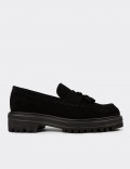 Women's Black Suede Leather Tassel Loafers