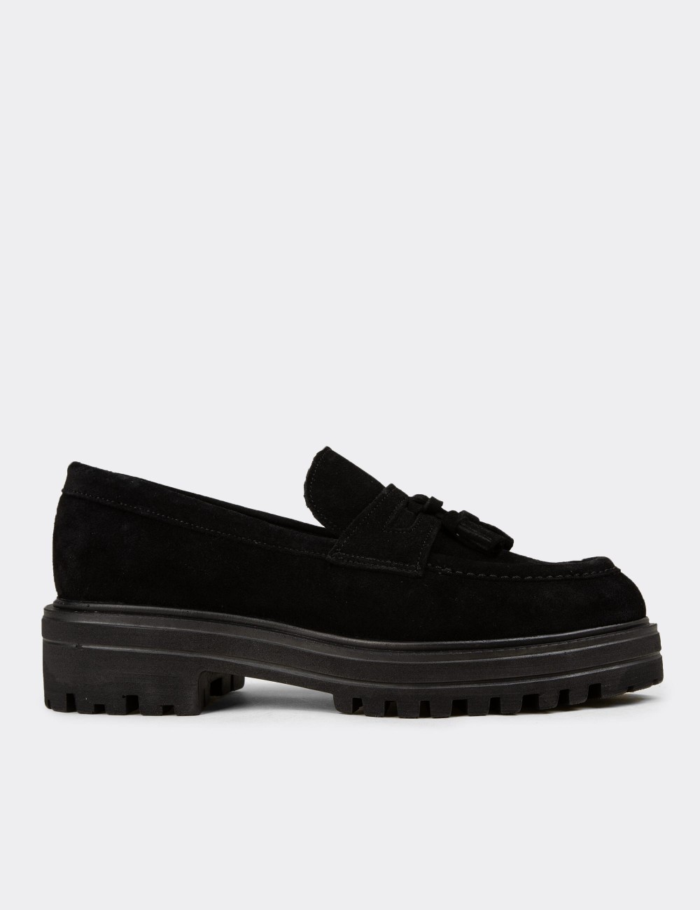 Women's Black Suede Leather Tassel Loafers - 02020ZSYHE01