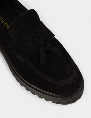 Women's Black Suede Leather Tassel Loafers