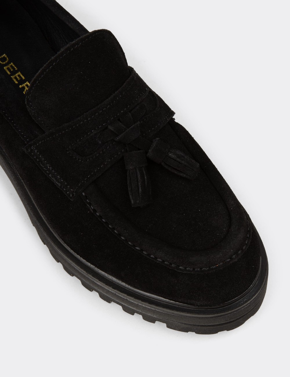 Women's Black Suede Leather Tassel Loafers - 02020ZSYHE01