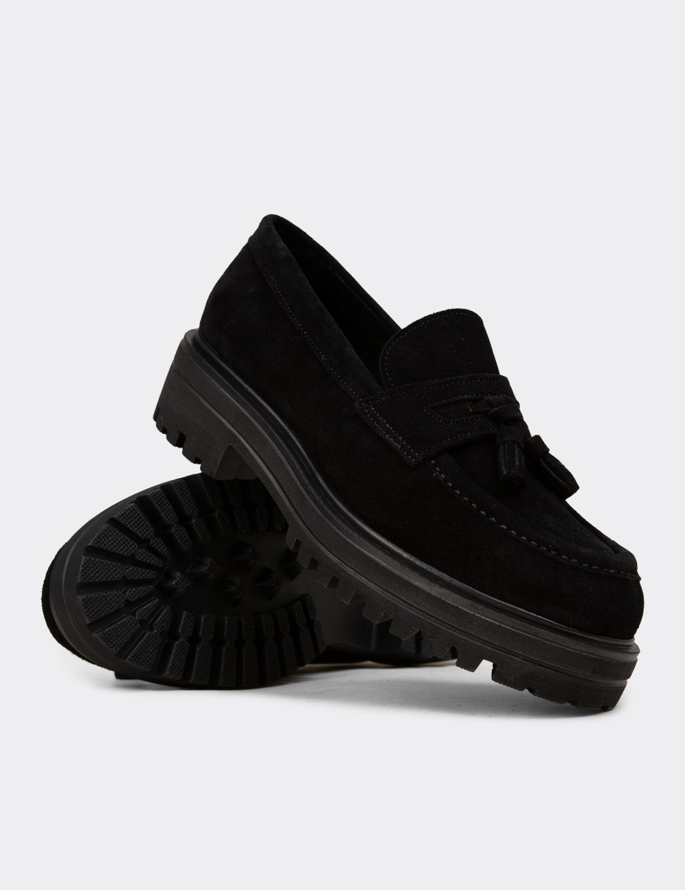 Women's Black Suede Leather Tassel Loafers - 02020ZSYHE01