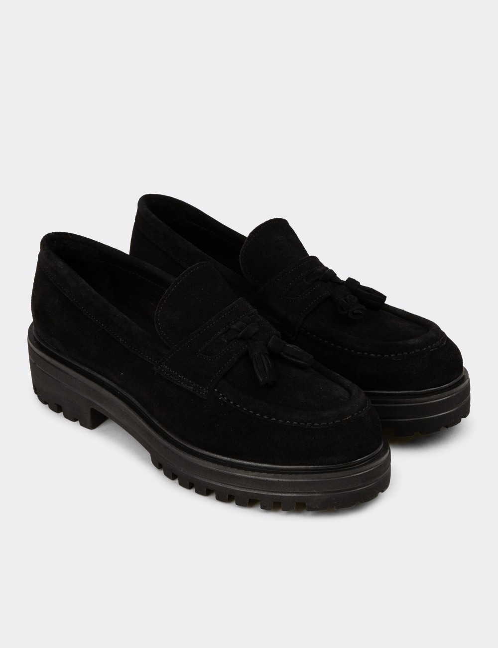 Women's Black Suede Leather Tassel Loafers - 02020ZSYHE01