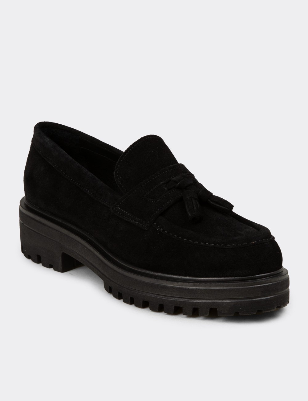 Women's Black Suede Leather Tassel Loafers - 02020ZSYHE01