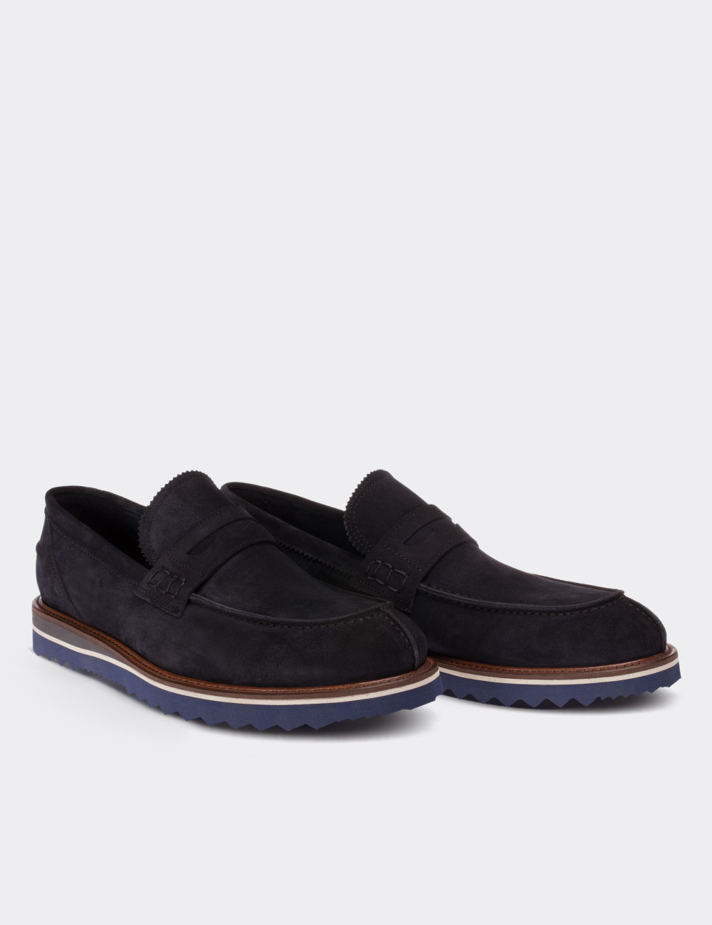 Navy Suede Leather Loafers & Moccasins Shoes - 01148MLCVE02