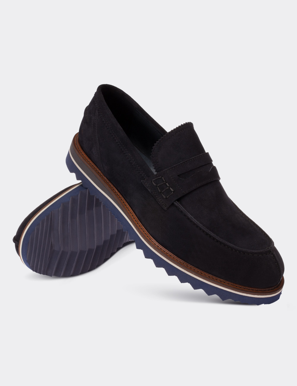 Navy Suede Leather Loafers & Moccasins Shoes - 01148MLCVE02