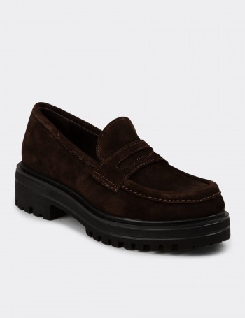 Women's Brown Suede Leather Slip-On Shoes - 01903ZKHVE01