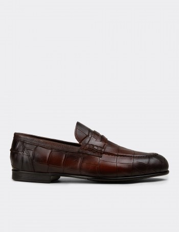 Men's Brown Crocodile Pattern Leather Loafer - 02049MKHVC01