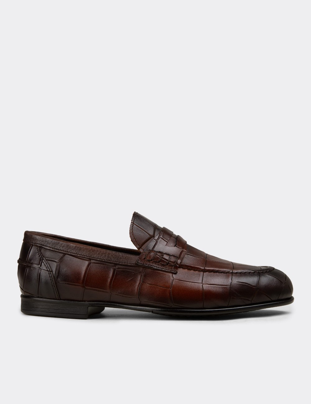Men's Brown Crocodile Pattern Leather Loafer - 02049MKHVC01